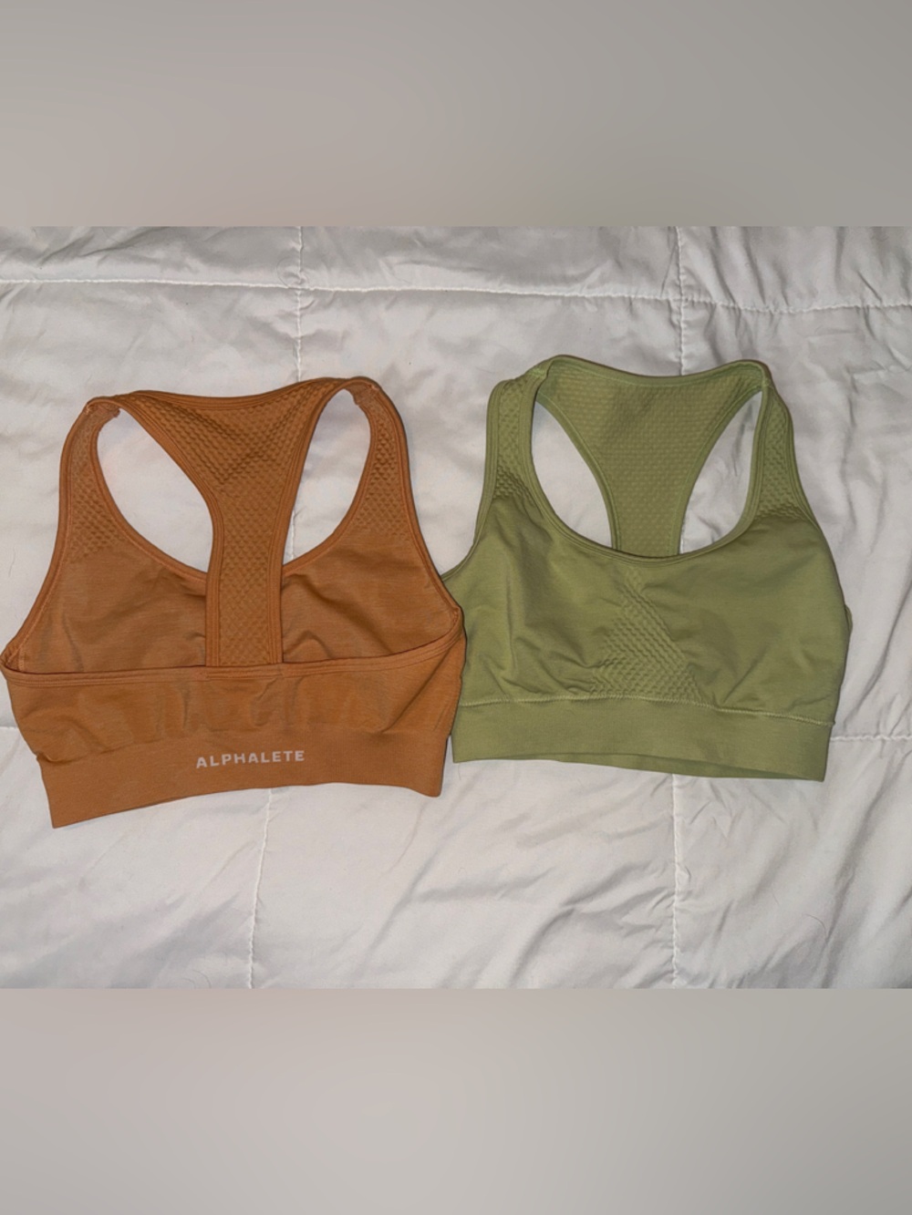 Alphalete Seamless Racerback Sports Bras in Rust and Olive